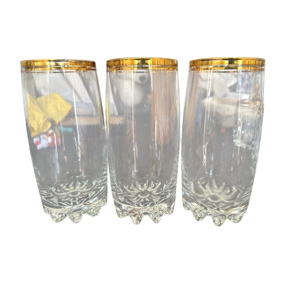 Mid Century Italian Double Gold Rimmed Highball Glasses Tumblers Heavy Set Of 3